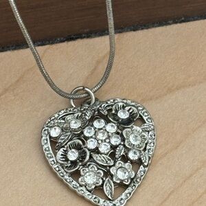 Vintage Silver Tone Heart Necklace with Rhinestones/ Snake Chain